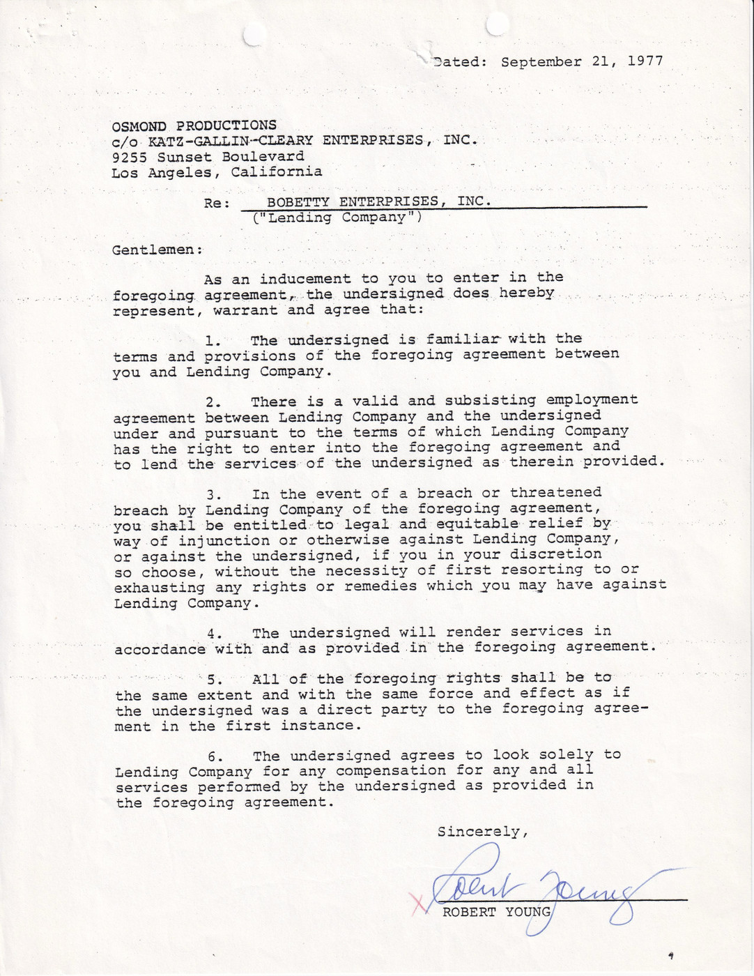Robert Young Hand-Signed 1977 Hollywood Entertainment Contract Inducement Agreement