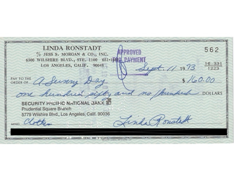 Linda Ronstadt Hand-Signed 1973 Personal Bank Check