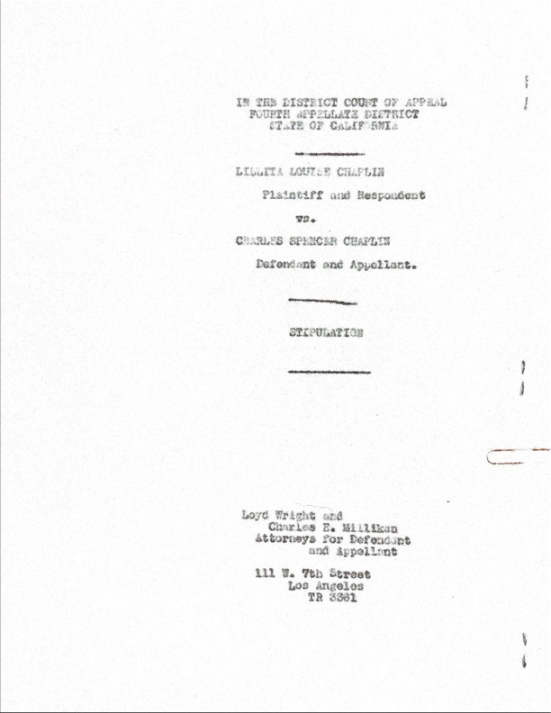 1935 Charlie Chaplin Legal Appellate Appeal Stipulation Document