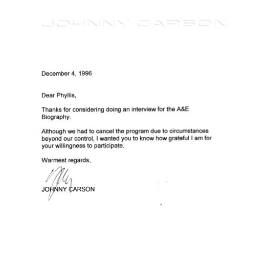 Johnny Carson Hand-Signed 1996 Personal Letter