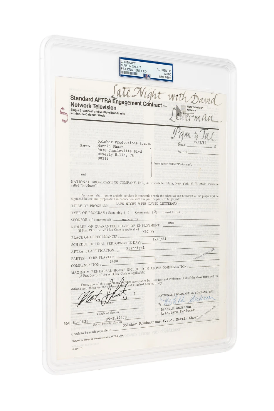 Martin Short Hand-Signed 1984 NBC "Late Night with David Letterman" TV Contract (PSA/DNA Encapsulated)