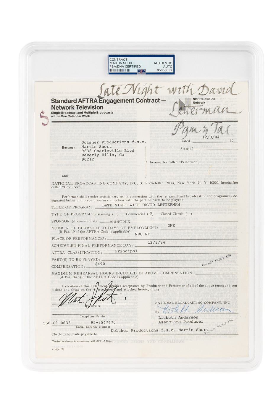 Martin Short Hand-Signed 1984 NBC "Late Night with David Letterman" TV Contract (PSA/DNA Encapsulated)