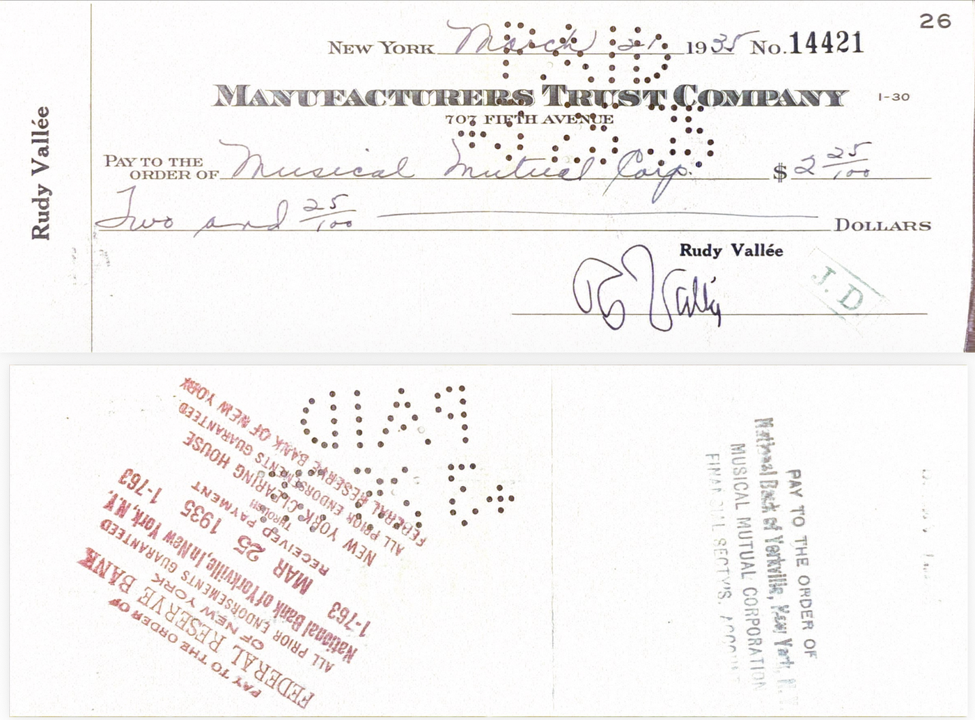 Rudy Vallée Hand-Signed 1935 Personal Bank Check