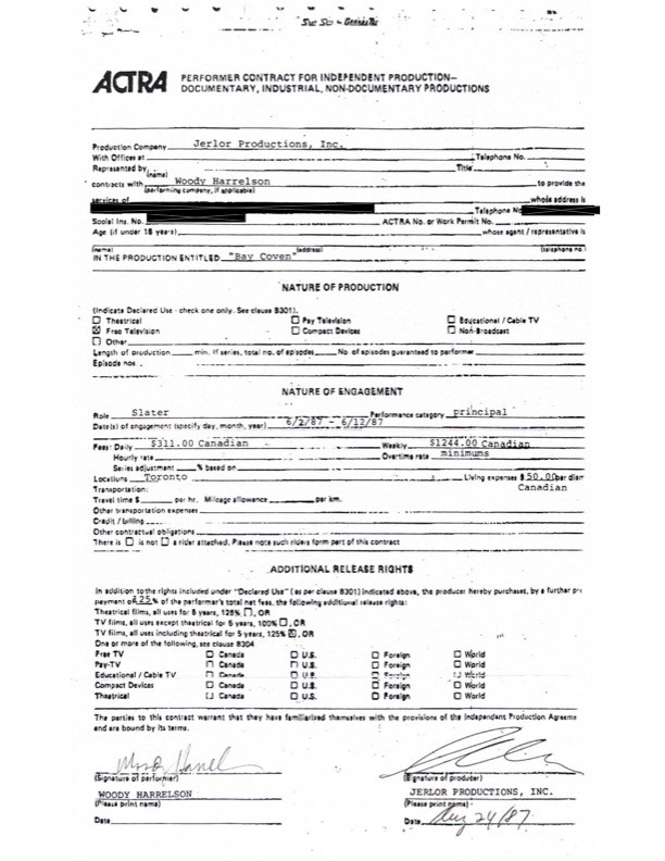 Woody Harrelson Hand-Signed 1987 Entertainment Contract