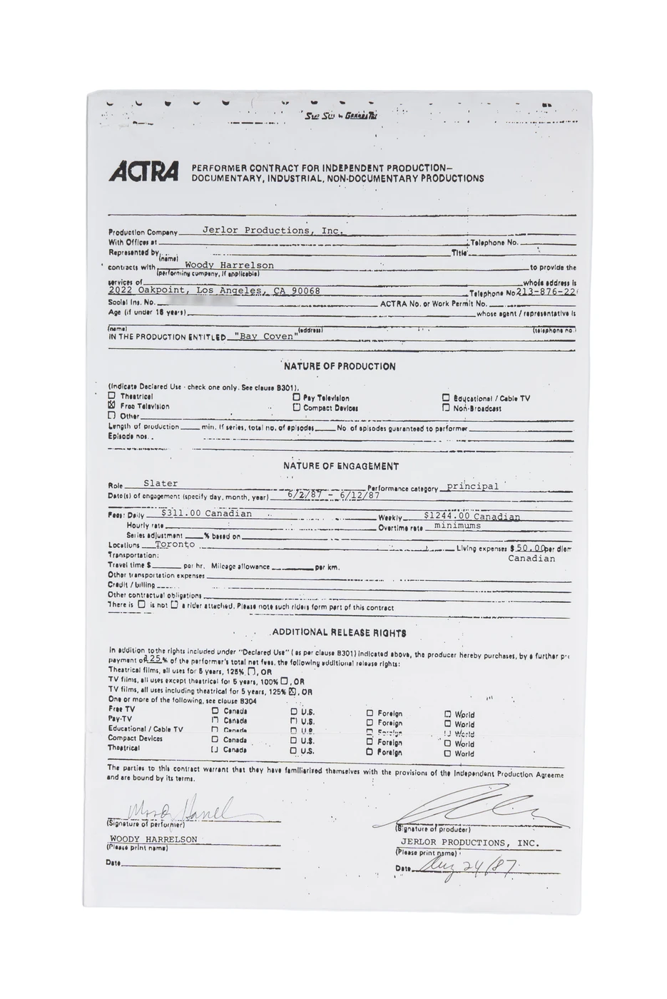Woody Harrelson Hand-Signed 1987 Entertainment Contract