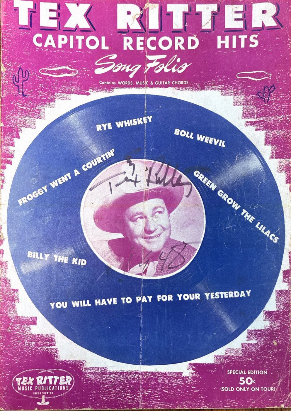 Tex Ritter Hand-Signed 1948 "Capitol Record Hits" Vintage Song Folio