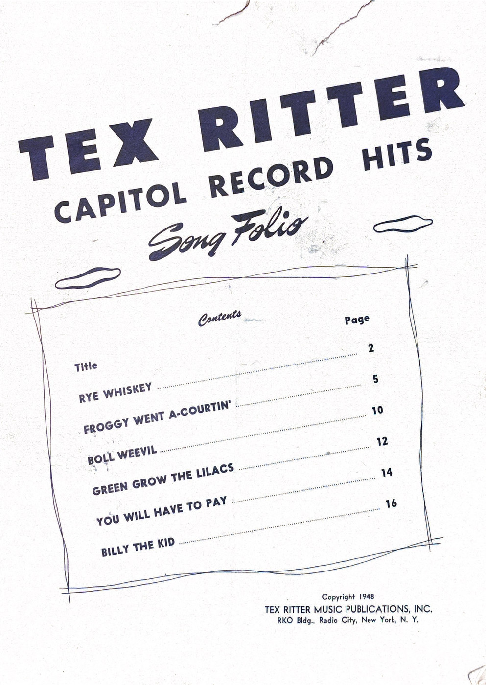 Tex Ritter Hand-Signed 1948 "Capitol Record Hits" Vintage Song Folio