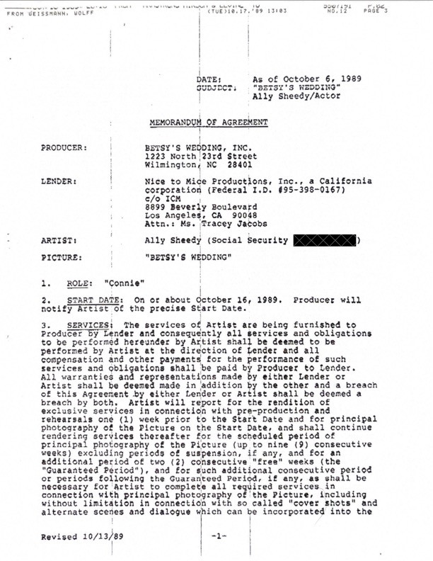 Ally Sheedy Hand-Signed 1989 Theatrical Film Contract
