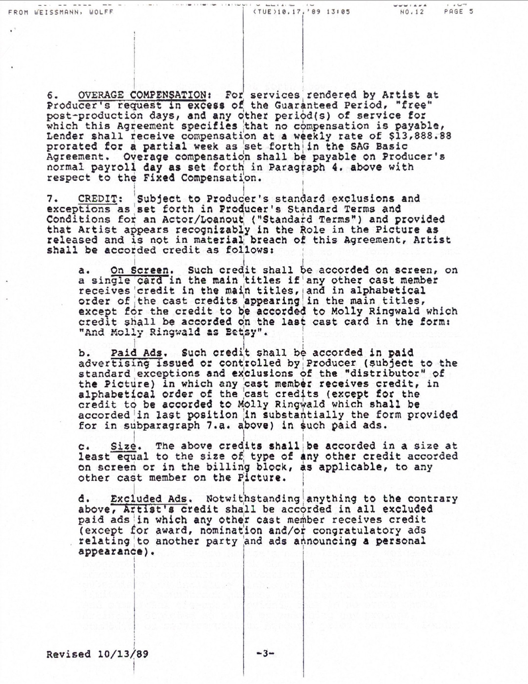 Ally Sheedy Hand-Signed 1989 Theatrical Film Contract