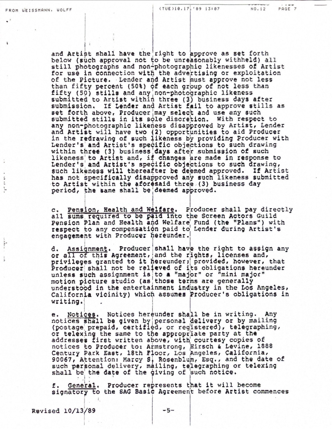 Ally Sheedy Hand-Signed 1989 Theatrical Film Contract