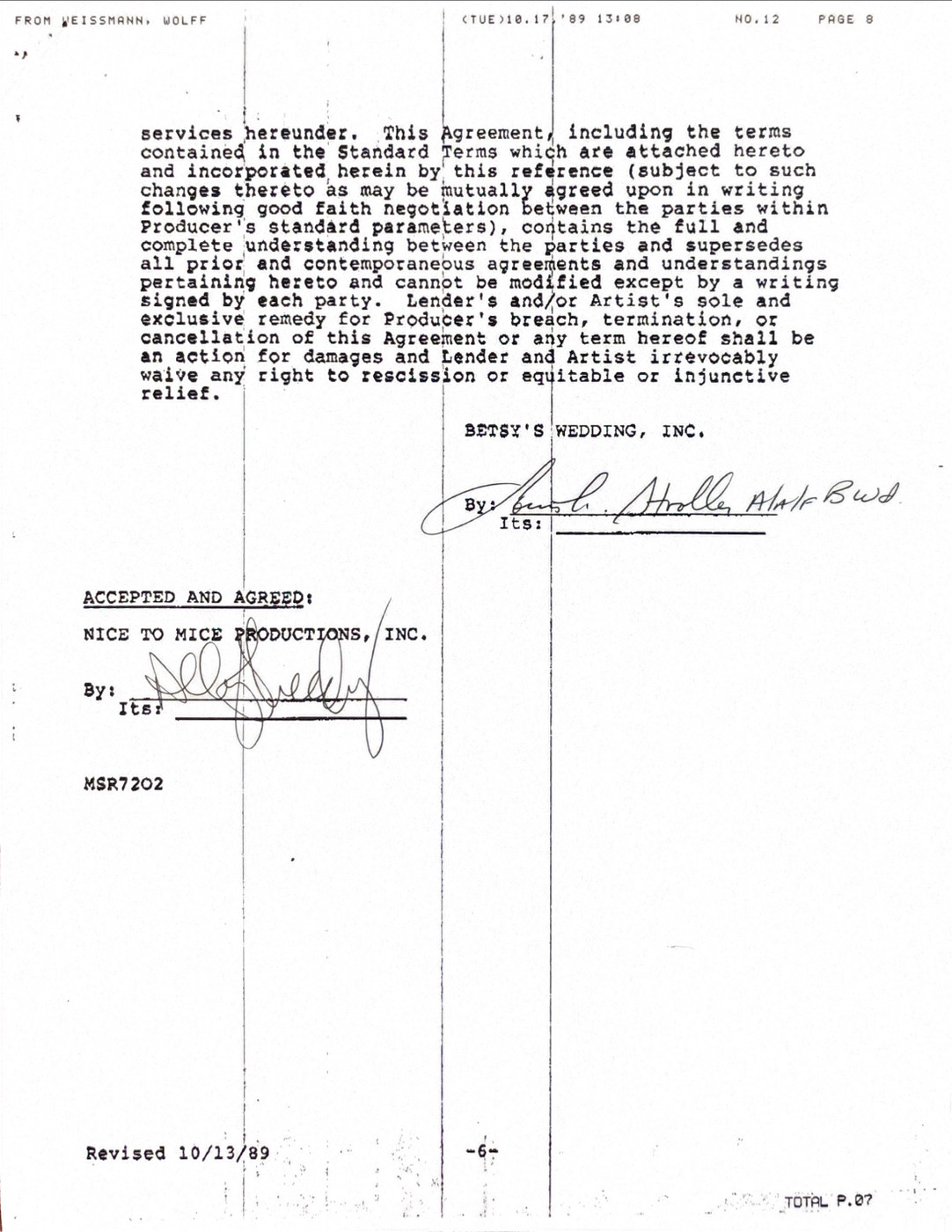 Ally Sheedy Hand-Signed 1989 Theatrical Film Contract