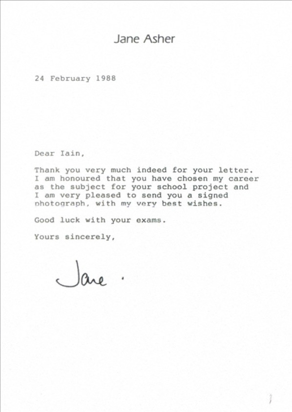 Jane Asher Hand-Signed 1988 Personal Correspondence Letter