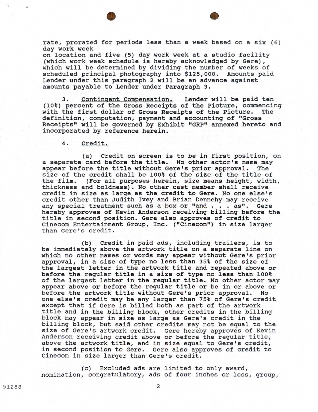 Richard Gere Hand-Signed 1987 Motion Picture Contract