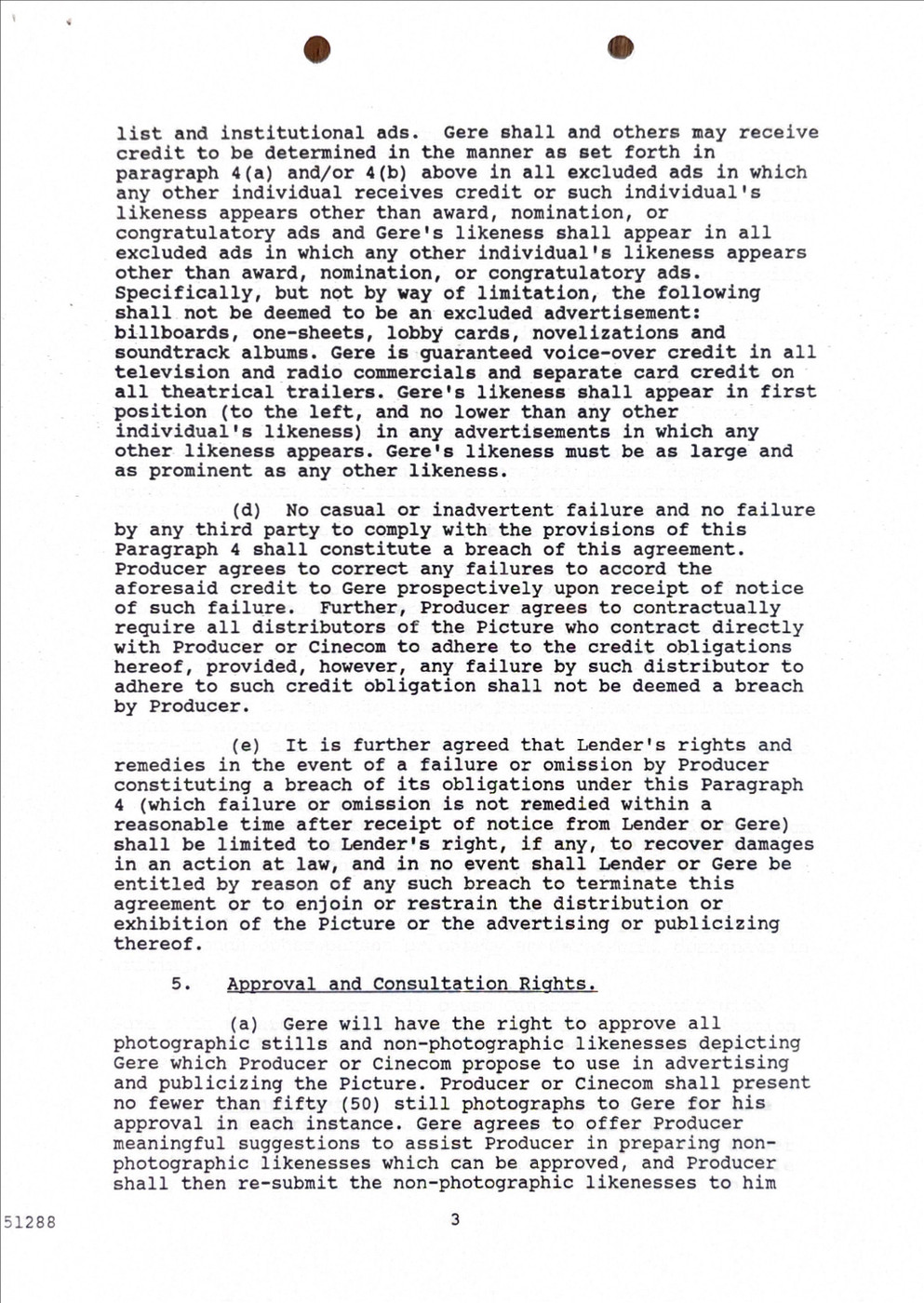 Richard Gere Hand-Signed 1987 Motion Picture Contract