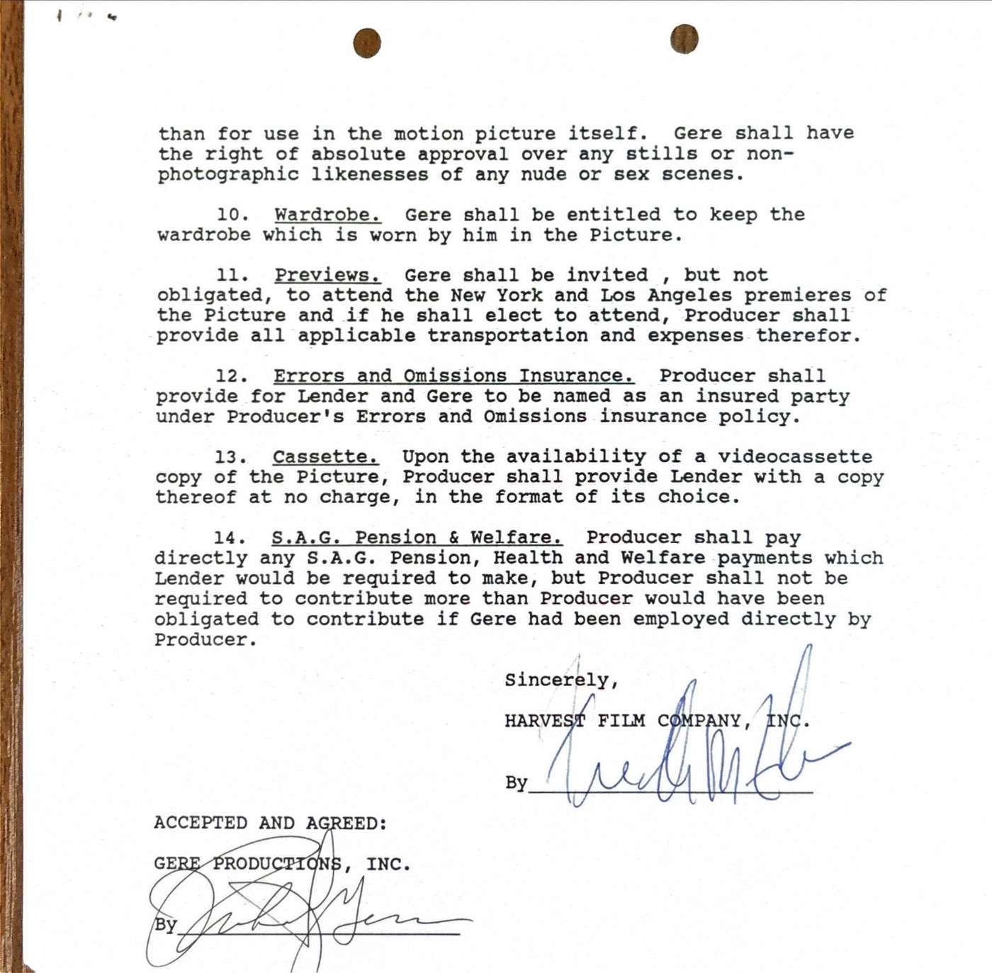 Richard Gere Hand-Signed 1987 Motion Picture Contract