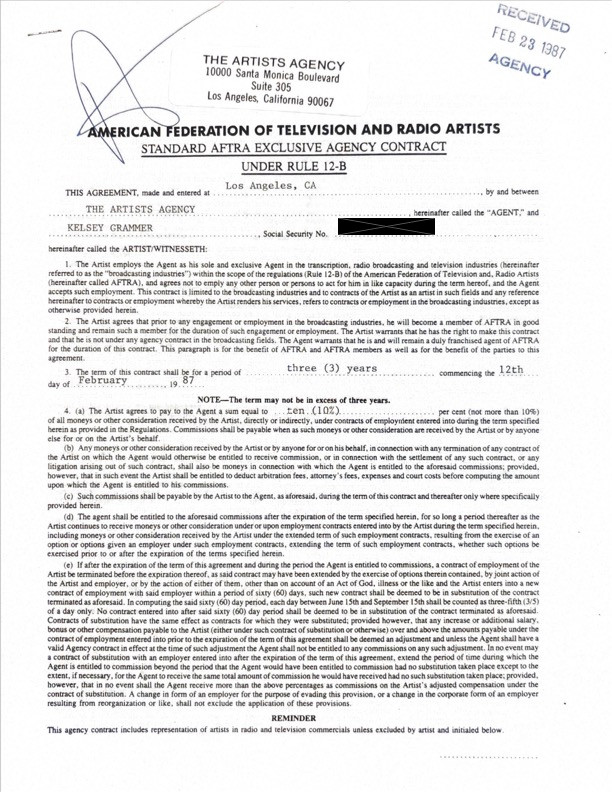 Kelsey Grammer Hand-Signed 1987 AFTRA Exclusive Agency Contract