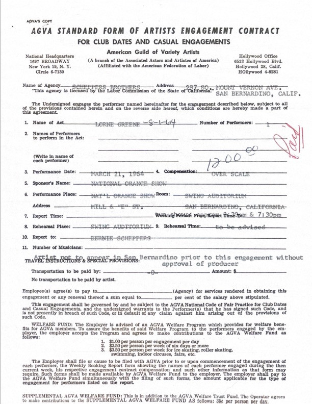 Lorne Greene Hand-Signed AGVA Variety Engagement Agreement