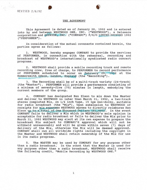Gary Rossington Initialed & Executed Performance Contract