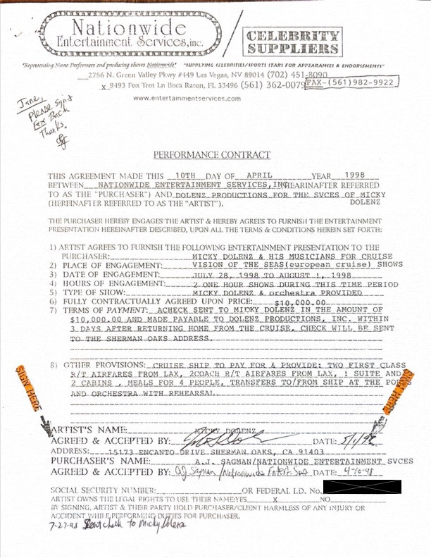 Micky Dolenz Hand-Signed 1998 Performance Contract