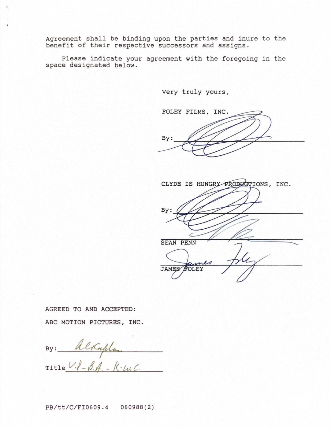 Sean Penn Hand-Signed 1987 Hollywood Legal Settlement Agreement