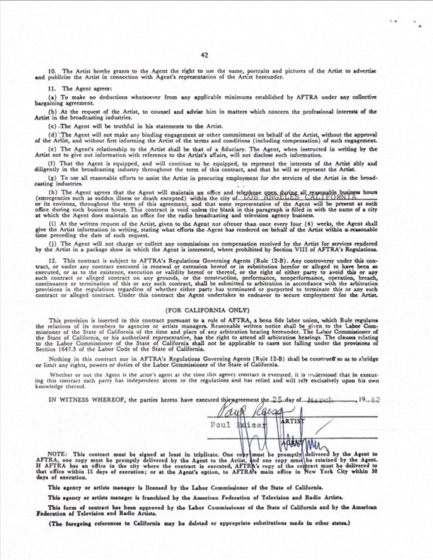 Paul Reiser Hand-Signed CAA Agency Contract