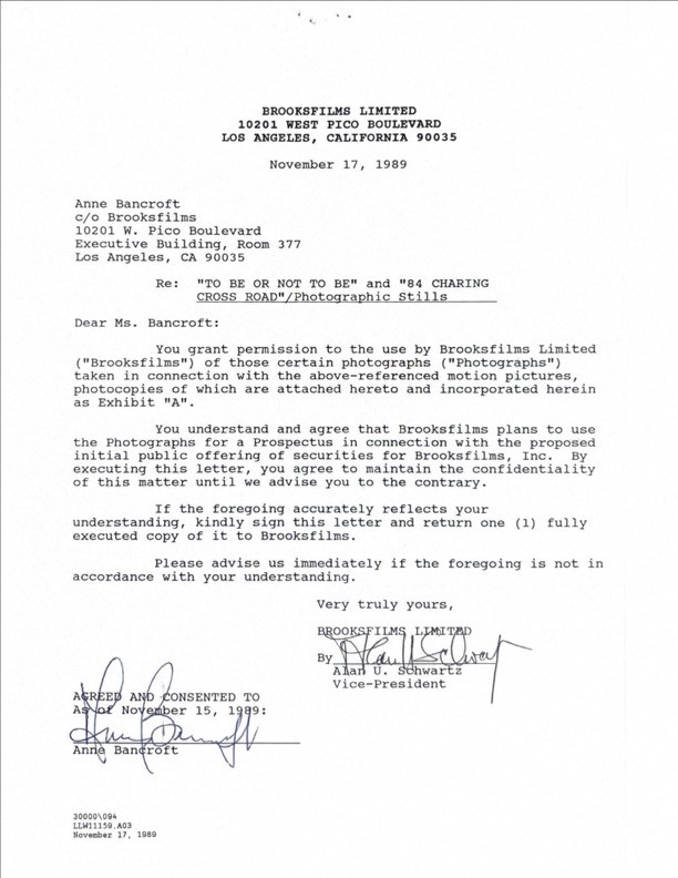 Anne Bancroft Hand-Signed Brooksfilms Limited Executive Letter