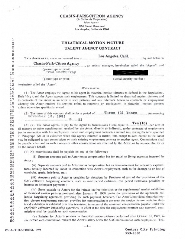 Fred MacMurray Hand-Signed Chasin-Park-Citron Agency Contract