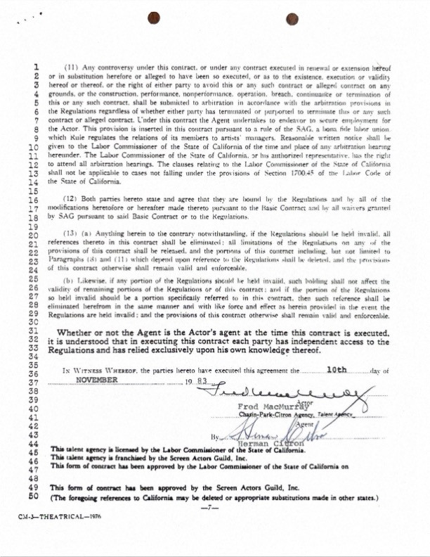 Fred MacMurray Hand-Signed Chasin-Park-Citron Agency Contract