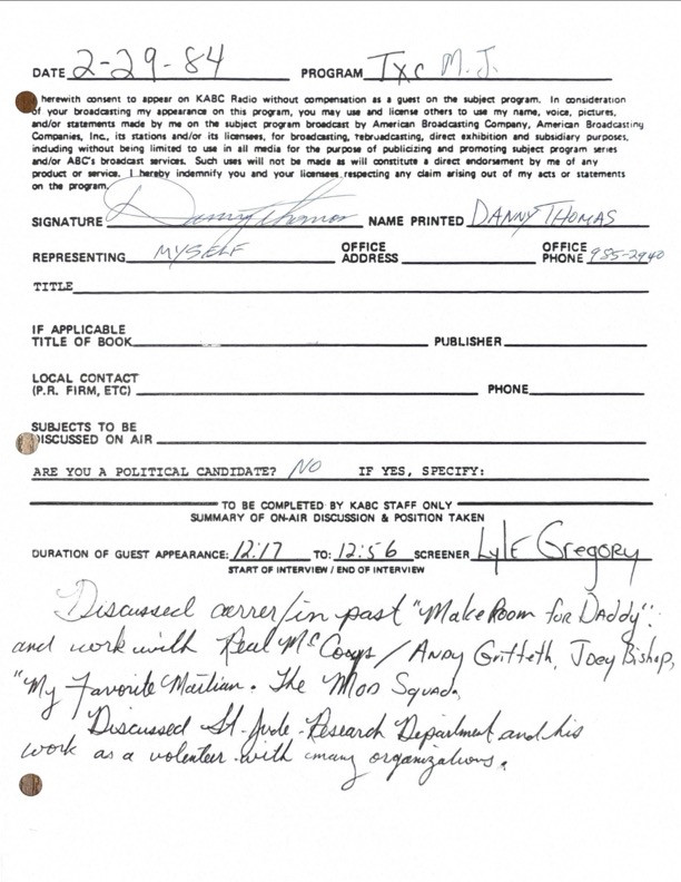 Danny Thomas Hand-Signed KABC Radio Broadcast Release
