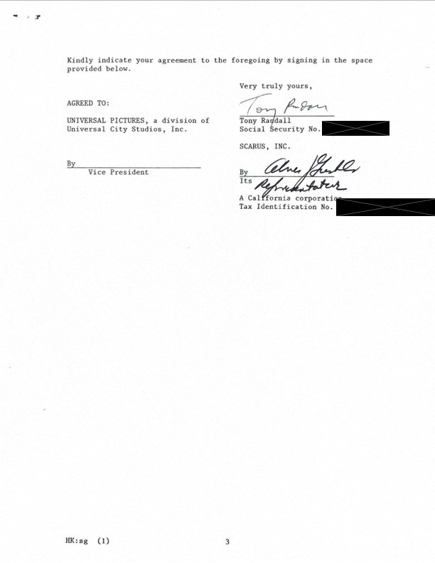 Tony Randall Hand-Signed Universal Pictures Executive Legal Contract