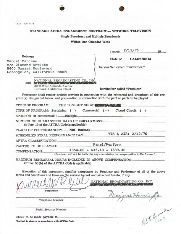 Marcel Marceau Hand-Signed Standard AFTRA Engagement Contract