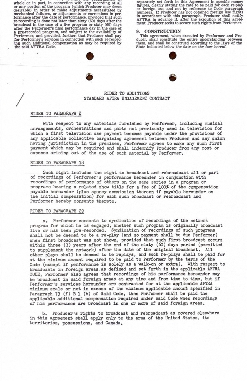 Marcel Marceau Hand-Signed Standard AFTRA Engagement Contract