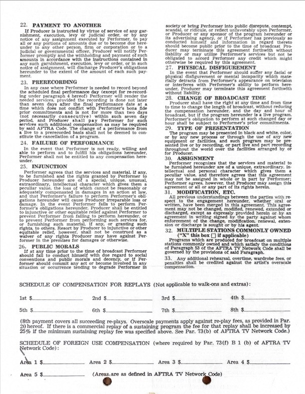 Marcel Marceau Hand-Signed Standard AFTRA Engagement Contract