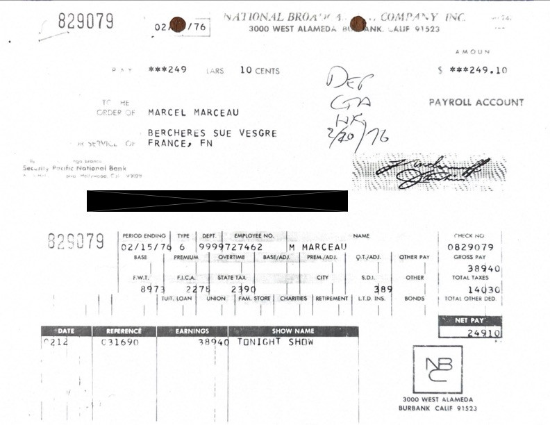 Marcel Marceau Hand-Signed Standard AFTRA Engagement Contract