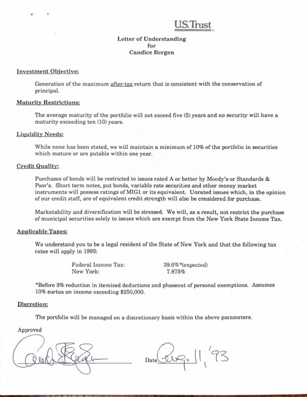 Candice Bergen Hand-Signed U.S. Trust Discretionary Portfolio Contract