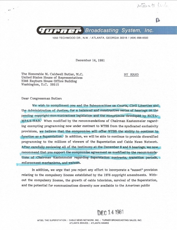 Ted Turner Hand-Signed Two-Page Congressional Letter