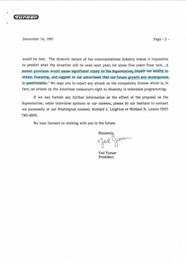 Ted Turner Hand-Signed Two-Page Congressional Letter