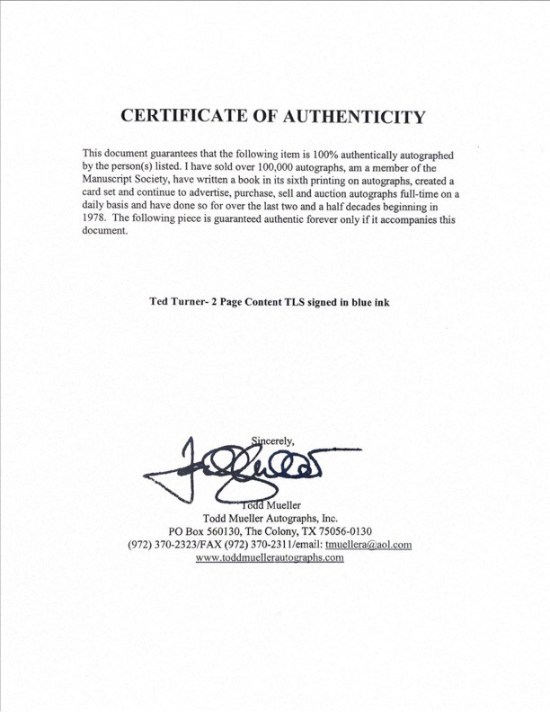 Ted Turner Hand-Signed Two-Page Congressional Letter