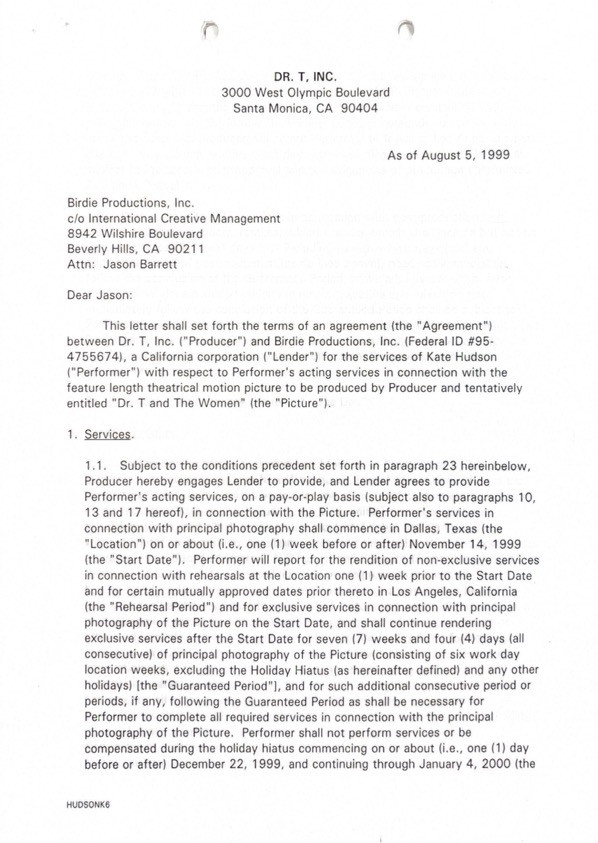 Kate Hudson Hand-Signed Feature Film Employment Agreement