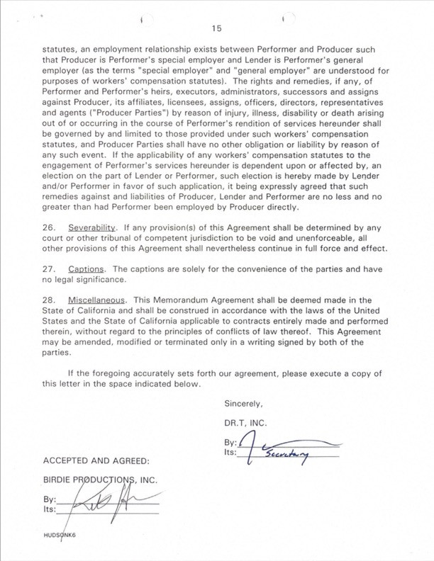 Kate Hudson Hand-Signed Feature Film Employment Agreement