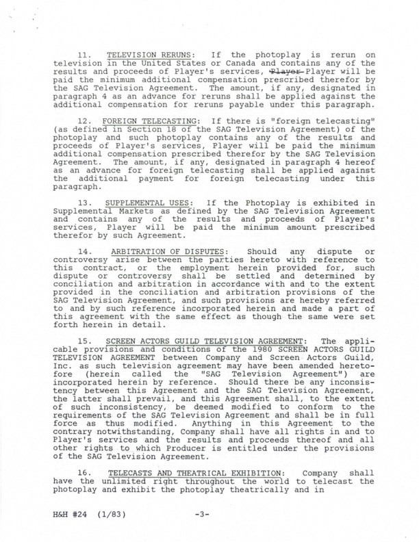 Shirley Jones Hand-Signed "Hotel" Pilot Executive Contract