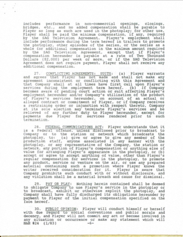 Shirley Jones Hand-Signed "Hotel" Pilot Executive Contract