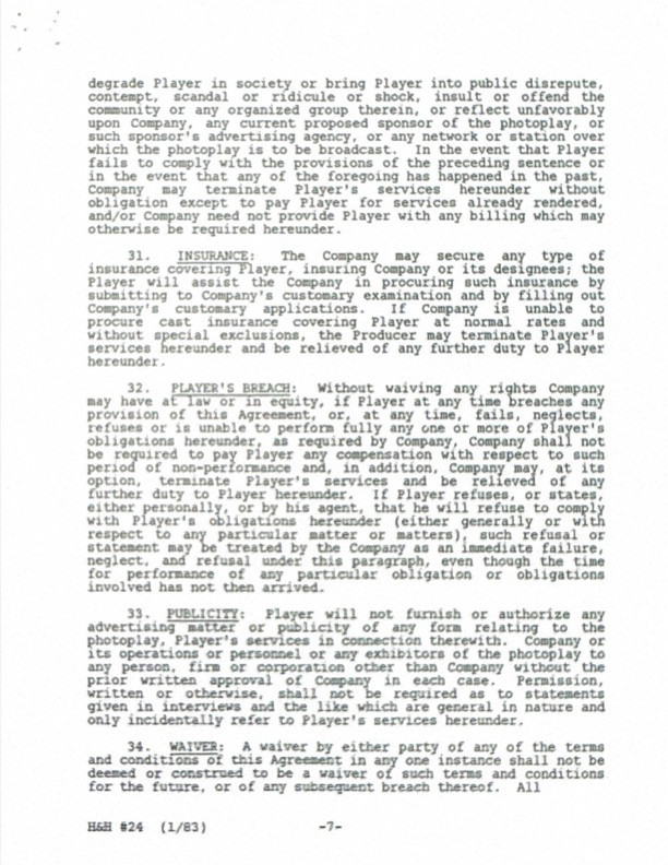Shirley Jones Hand-Signed "Hotel" Pilot Executive Contract