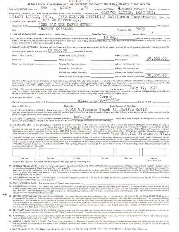 Cleavon Little Hand-Signed ABC Feature Contract