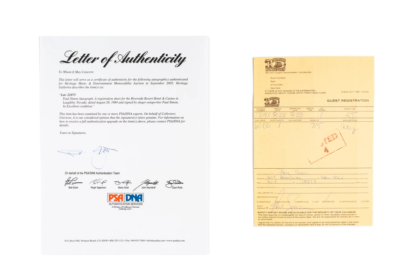 Paul Simon Hand-Signed Hotel Guest Registration Folio