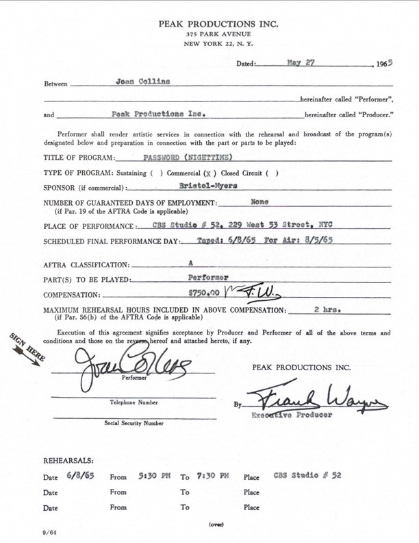Joan Collins Hand-Signed Television Appearance Agreement