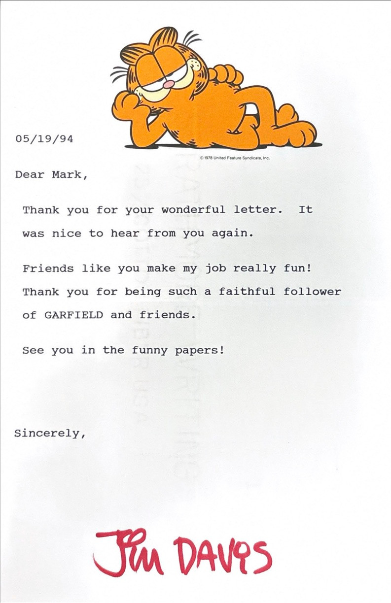 Jim Davis Hand-Signed Illustrated Fan Correspondence