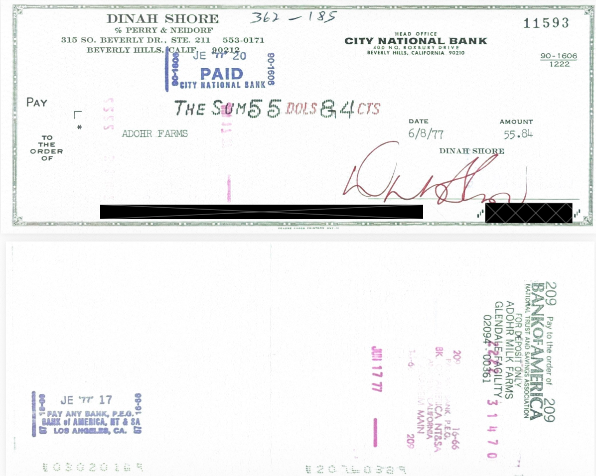 Dinah Shore Hand-Signed Personal Check Pair