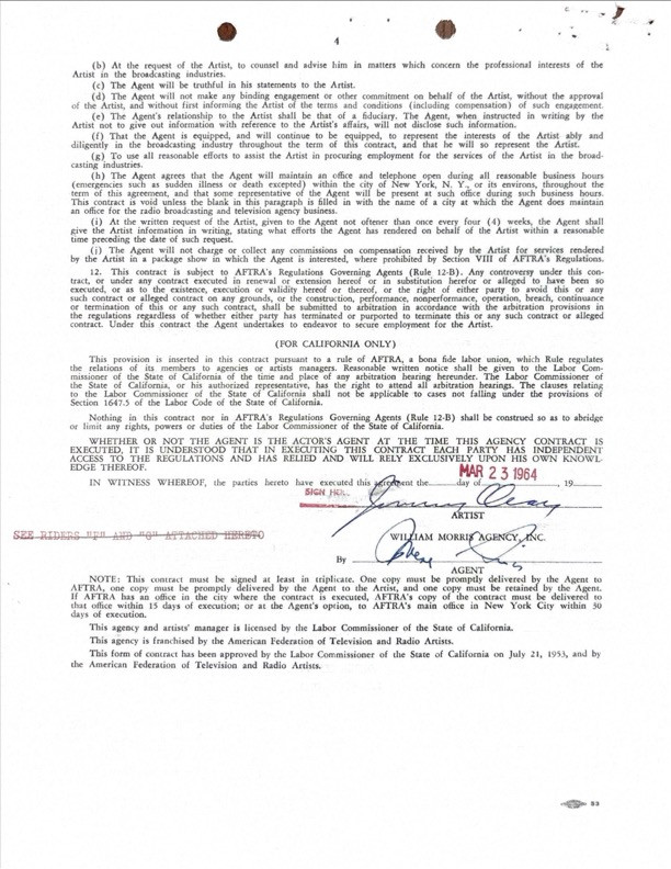 Jimmy Dean Hand-Signed Standard AFTRA Exclusive Agency Contract