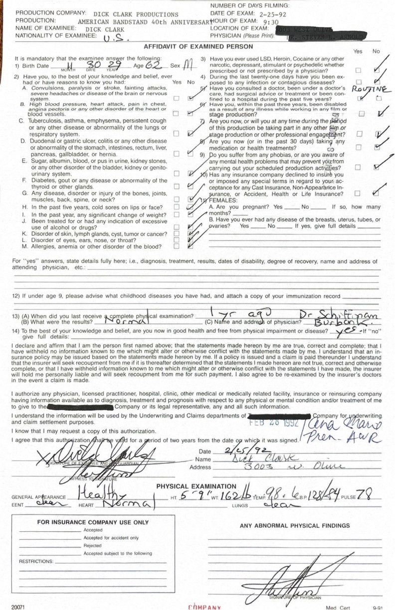 Dick Clark Hand-Signed "Affidavit of Examined Person" Cast Insurance Medical Policy